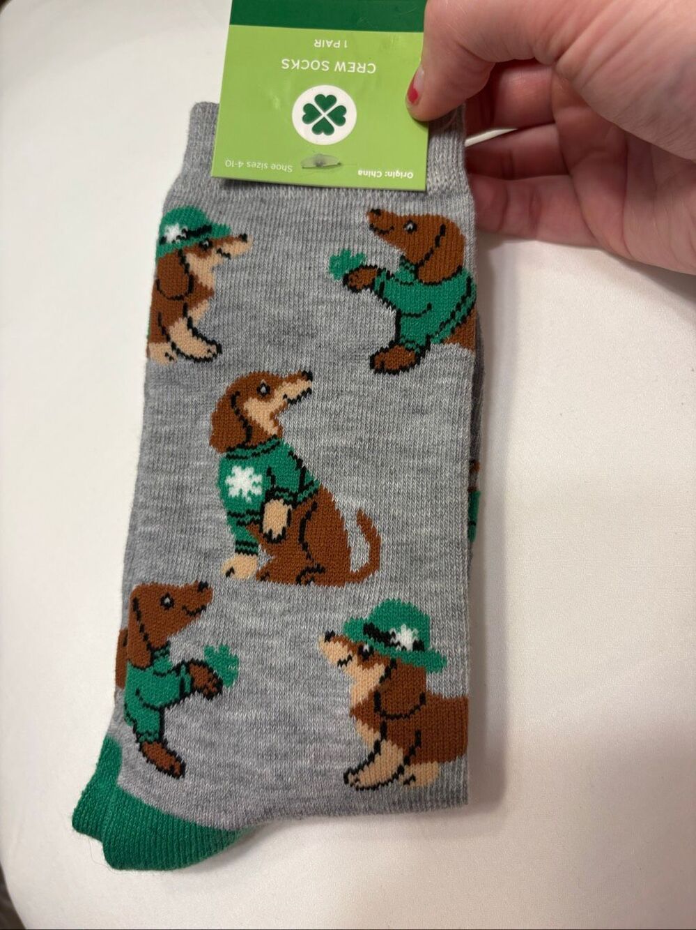 Saint Patrick’s Day Dachshund Socks Grey Green Shamrock Brown Dachshund Dog